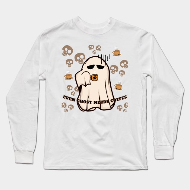 Even Ghost needs Coffee - Halloween Long Sleeve T-Shirt by by Fre